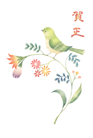 緑色の小鳥と草花